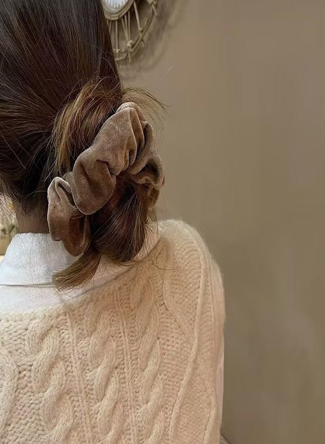 TUCEWP Velvet Scrunchies for Women Girls 4Pcs Large Brown Black Scrunchies Long Thick Curly Hair Soft Hair Bands Neutral Scrunchie Cute Ponytail Holders No Damage Elastic Hair Ties Hair Accessories - Image 4
